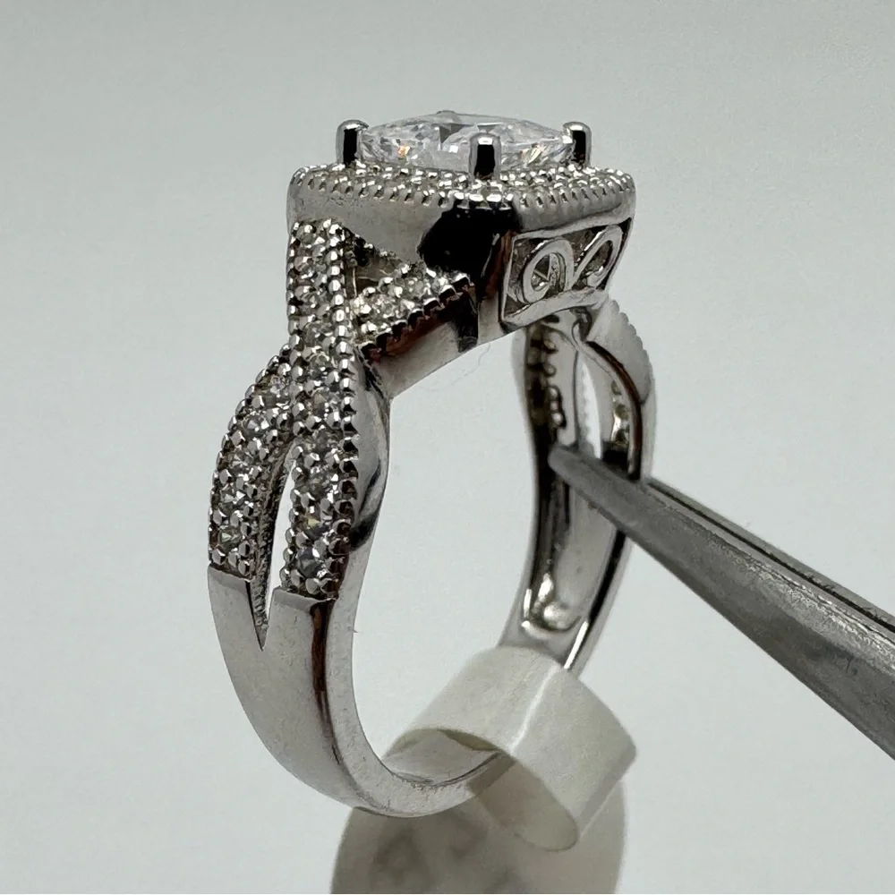 Sterling Silver CZ Double Band Ring Size 5 Halo Princess Cut New